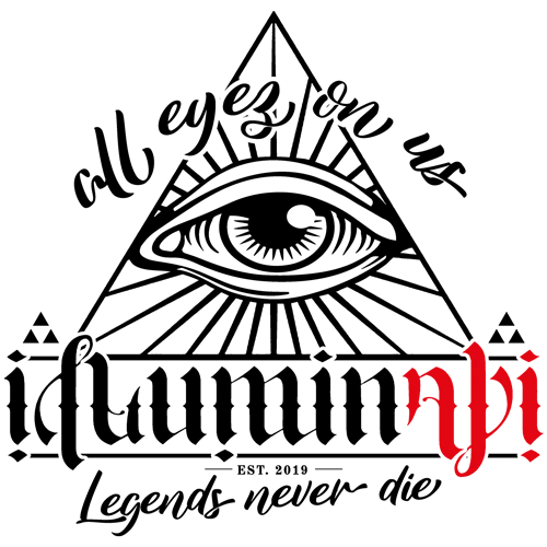 Schwarze Grafik des All-Seeing Eye über "Illuminati" Text und "Legends never die" auf grauem Hintergrund.