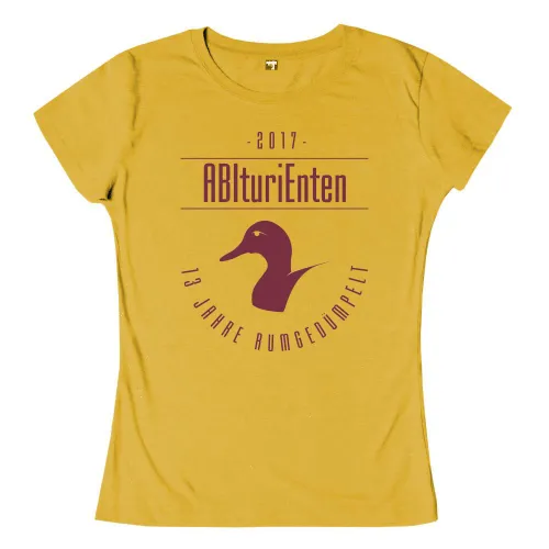 Schwarze Enten-Silhouette mit Text "AbituriEnten", "2017", "13 Jahre rumgeduempelt" in Weiß.