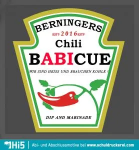Etikett für Chili Babique Dip und Marinade, rote Chili-Grafik, grüne Akzente.