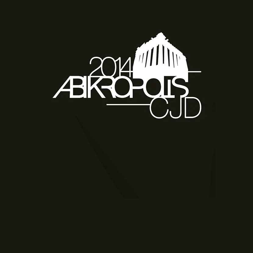 Grafisches Logo mit weißer Schrift "2014 ABIKROPOLIS CJD" und stilisiertem Tempel auf dunklem Hintergrund.