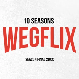 Logo mit dem Text "WEGFLIX" in roten Buchstaben, teilweise überlappend, auf weißem Hintergrund.
