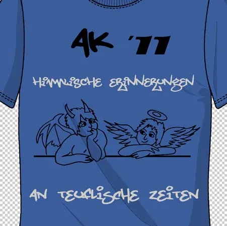 Blaues T-Shirt mit Cartoon von einem Engel und einem Teufel, Text "AK '77 Himmlische Erinnerungen an teuflische Zeiten".
