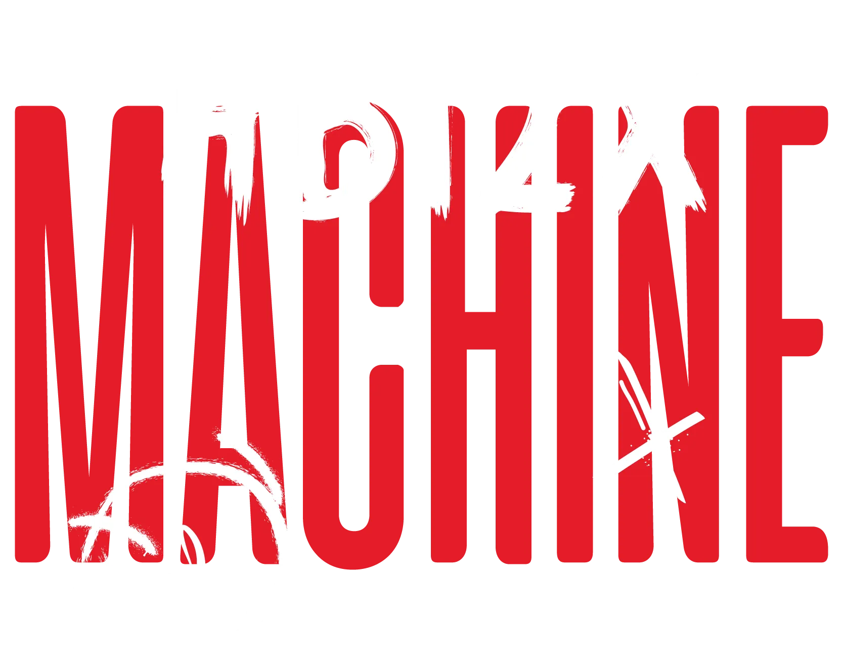 Logo mit dem Text APPLY in weissen Pinselstrichen ueber roten Grossbuchstaben MACHINE und einer weissen Kreiszeichnung mit Gesicht