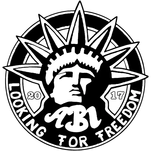 Schwarzes Logo auf blauem Hintergrund mit der Statue of Liberty, umgeben von Sternen und dem Text "LOOKING FOR FREEDOM ABI 2017".