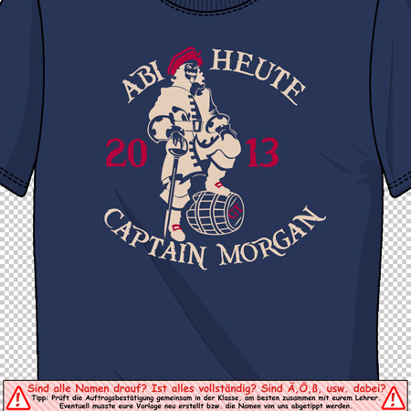 Blauer T-Shirt mit dem Aufdruck eines Piraten, der neben einem Fass steht, und Text "ABI HEUTE 2013 CAPTAIN MORGAN".