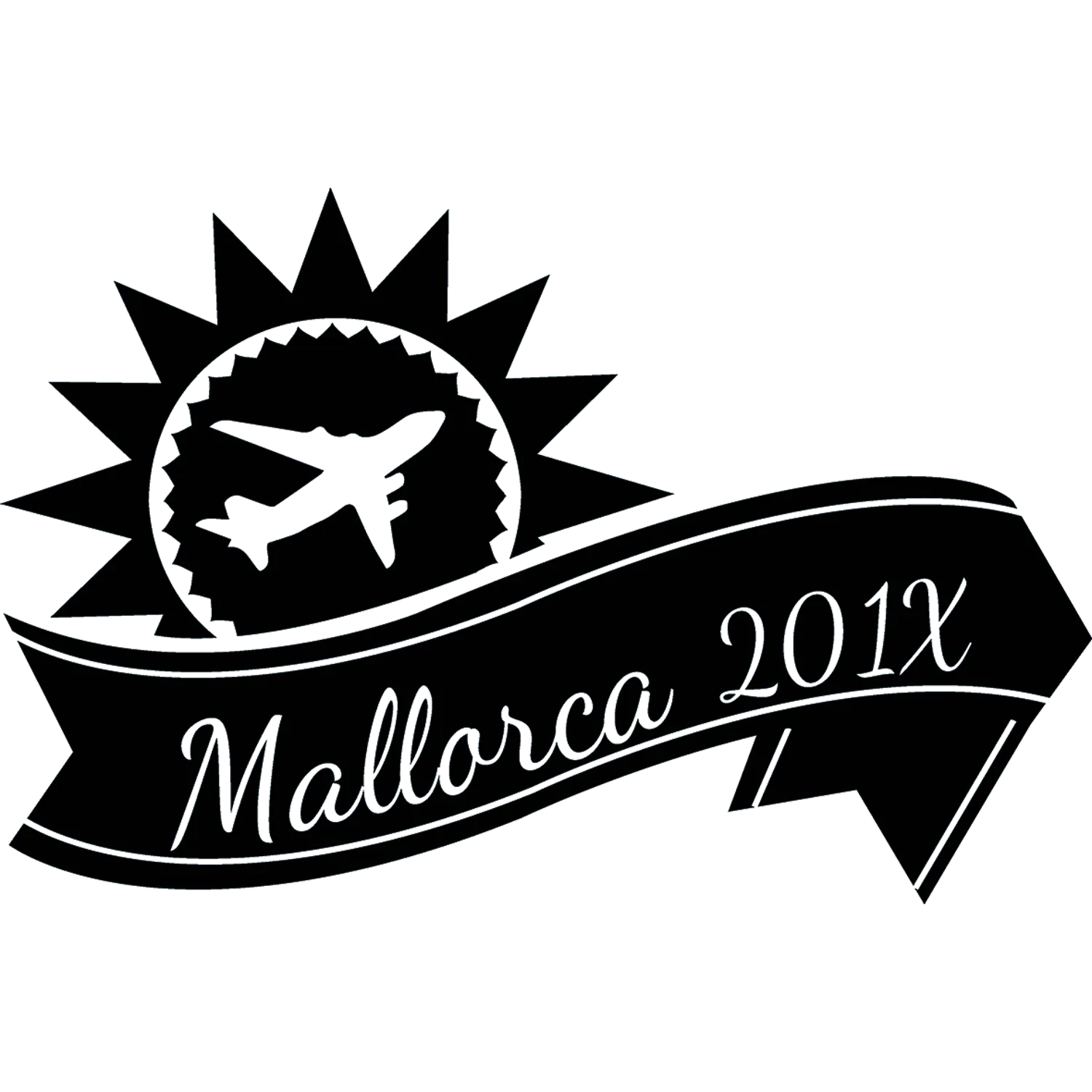 Schwarze Grafik mit einem Flugzeug innerhalb eines Sonnensymbols und dem Text 'Mallorca 201x' auf einem Banner.