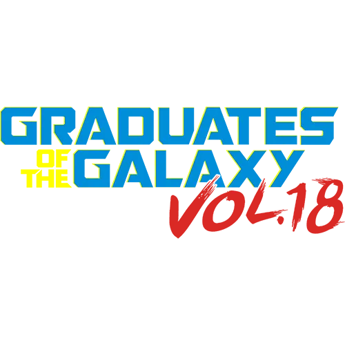Text "Graduates of the Galaxy Vol.18" in blauen und roten Buchstaben auf schwarzem Hintergrund.