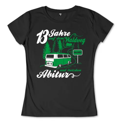 Illustration eines grünen VW-Busses neben einem "Waldweg"-Schild und Text "13 Jahre auf dem Waldweg und trotzdem Abitur"