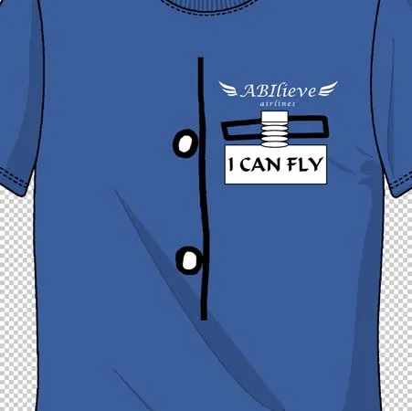 Ein blaues T-Shirt mit aufgedrucktem Reißverschluss, Flügeln und dem Text "I CAN FLY".