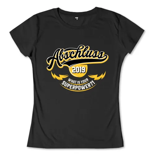 Grafik auf schwarzem Hintergrund mit 'Abschluss 2019' und 'What is your superpower?' in Gelb und Weiß.