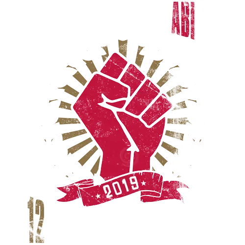Rote erhobene Faust umgeben von Lorbeerkranz, Schild mit Text "Aufstieg des Proletariats", "10 Jahre Klassenkampf".