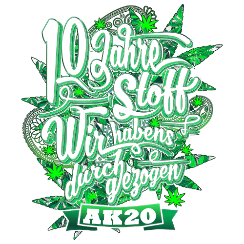 Grünes, schwarz hinterlegtes Design mit Schriftzug "10 Jahre Stoff" und "Wir haben's durchgezogen".