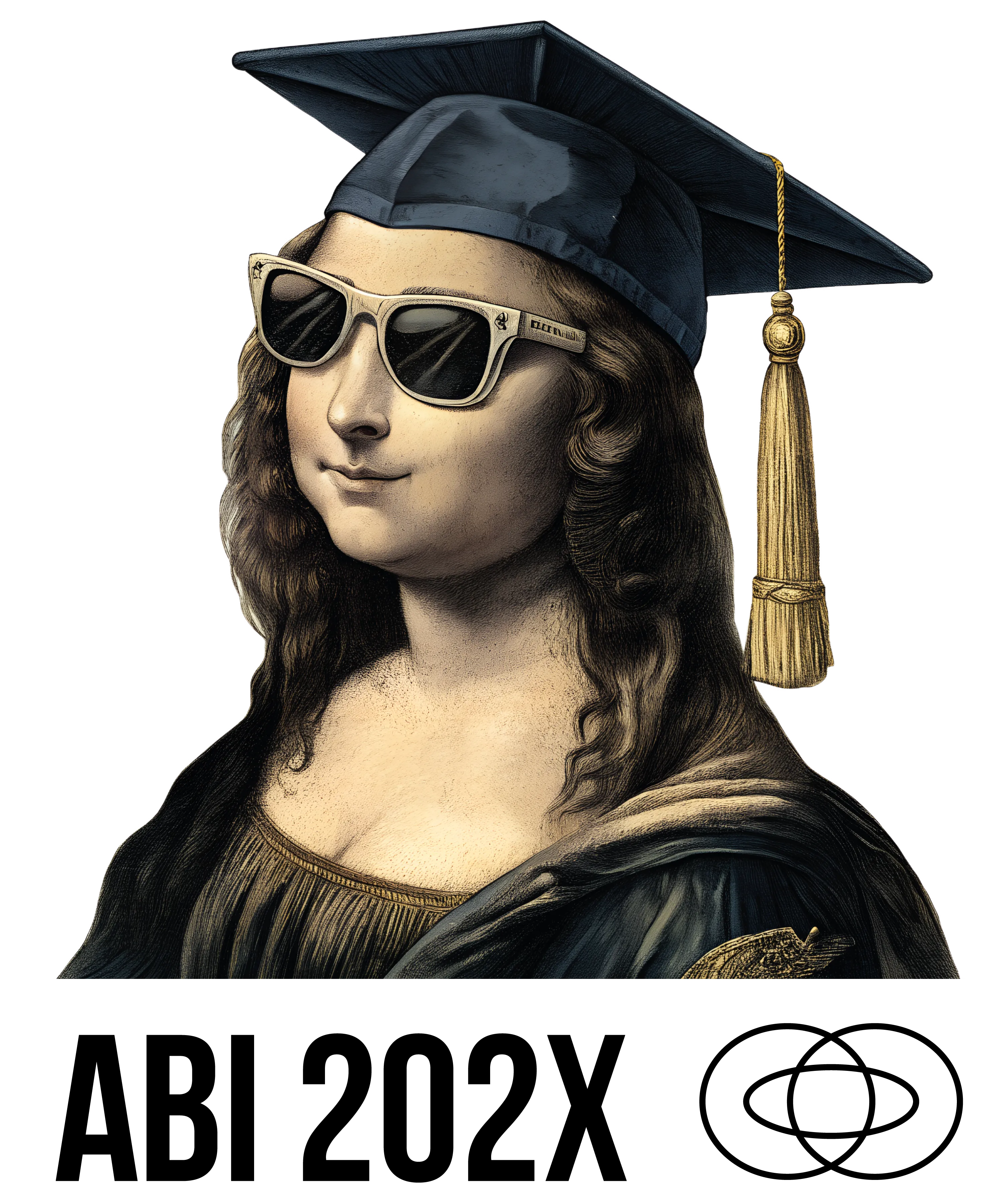 Portraet der Mona Lisa mit Graduiertenmuetze und Quaste sowie moderner Sonnenbrille vor schwarzem Hintergrund