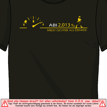 Olivgrünes T-Shirt mit Abi-Motiv, Tankanzeige und Text "Meist Dichter als Denker".