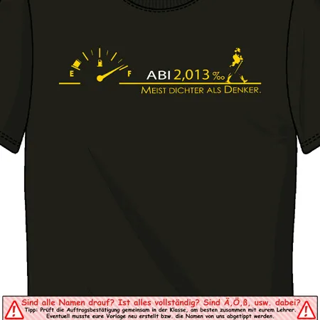 Olivgrünes T-Shirt mit Abi-Motiv, Tankanzeige und Text "Meist Dichter als Denker".