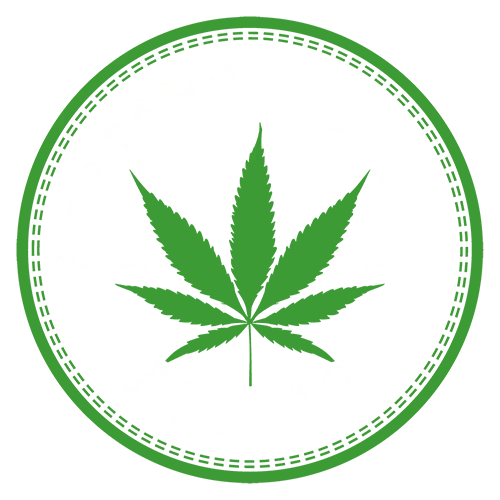 Rundes Logo mit Cannabisblatt und Text "12 Jahre Stoff ABI '18" auf dunklem Hintergrund.