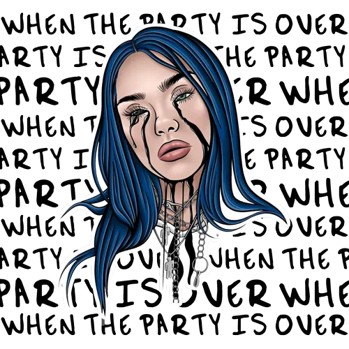 Illustration einer Frau mit blauen Haaren vor einem Textmuster mit dem Satz "When the party is over".