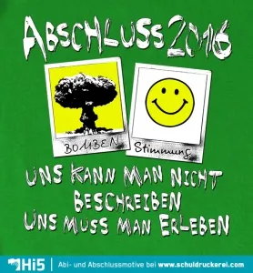 Grünes T-Shirt mit der Aufschrift "ABSCHLUSS 2016" und Bildern eines Baumes und lachenden Gesichts.