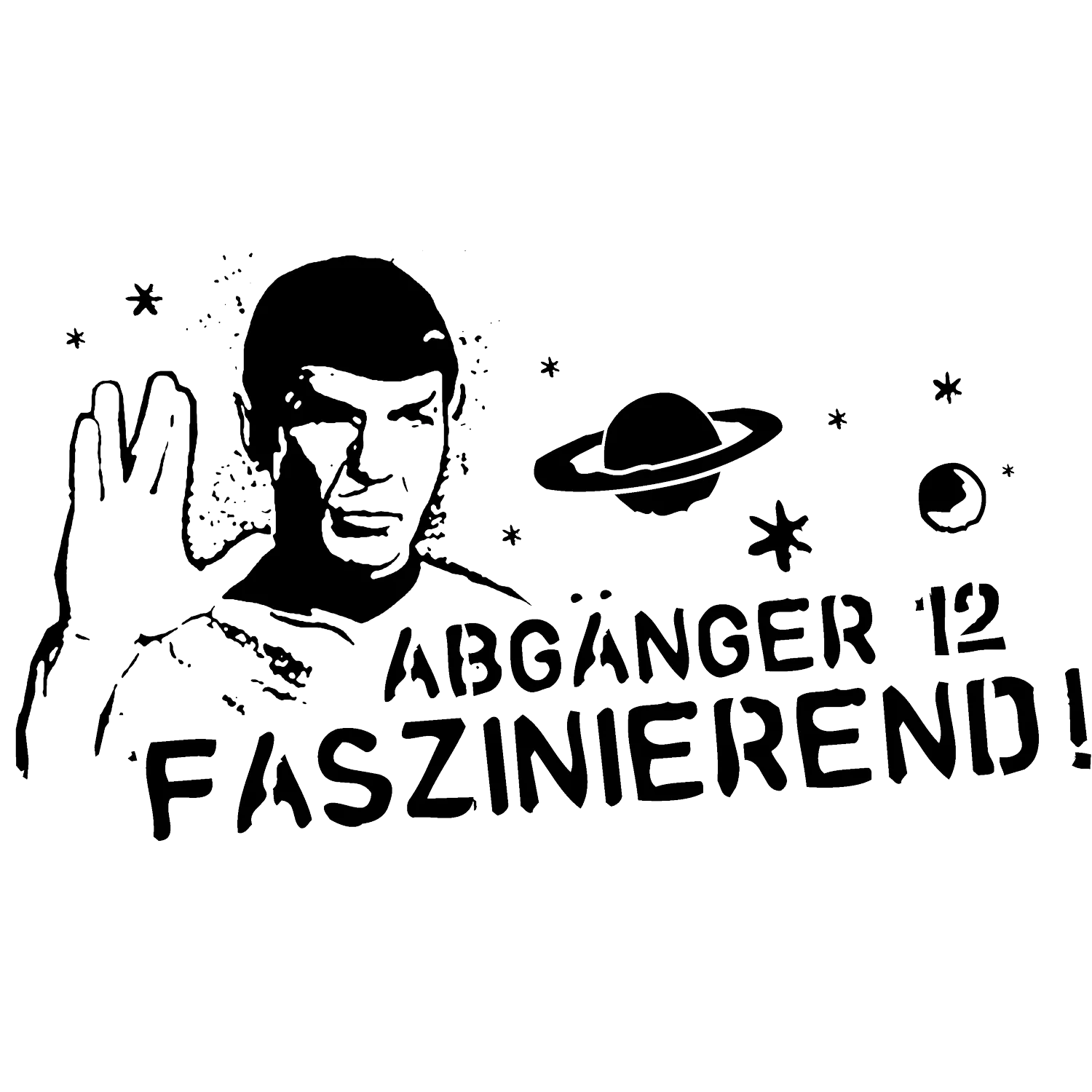 Illustration von Spock, der die Vulkanier-Grußgeste macht, umgeben von Sternen und Planeten.