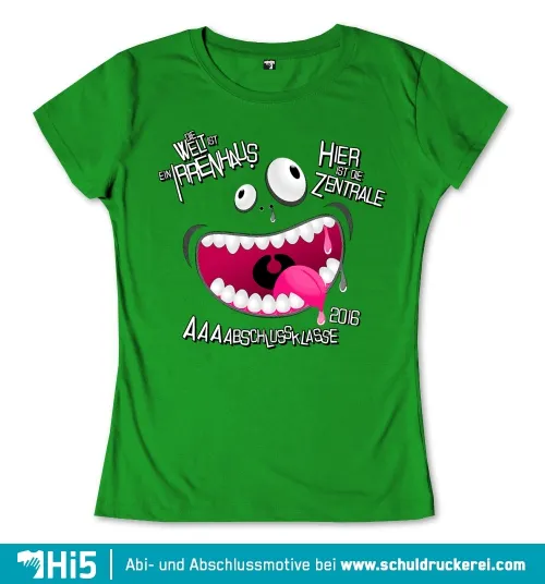 Ein grünes T-Shirt-Design mit einem Cartoon-Monster, das den Mund weit öffnet, mit Text "Die Welt ist ein Irrenhaus".