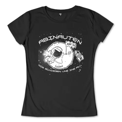 Karikatur eines Astronauten mit Abi 19 Flagge auf einem Planeten und dem Text "Abinauten" und "Wir schieben uns ins All".