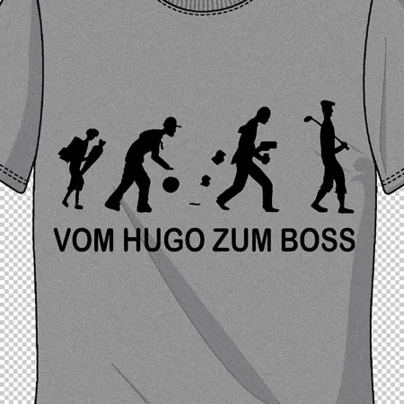 Graues T-Shirt mit einer Silhouetten-Darstellung der menschlichen Evolution und dem Text 'VOM HUGO ZUM BOSS'.