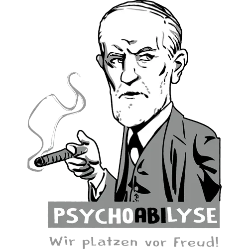 Illustration eines Mannes mit Zigarre und Text "PSYCHOABILYSE Wir platzen vor Freud".