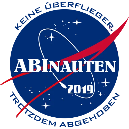 Rundes Logo mit Text "Abinauten 2019", "Keine Überflieger", "Trotzdem abgehoben" und Sternenmuster.