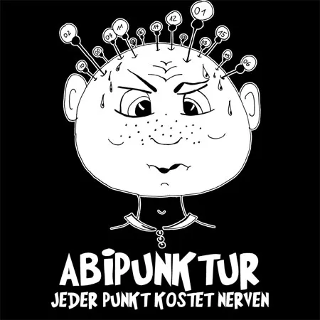 Illustration eines Kopfes mit vielen Nadeln und Nummern, darunter der Text "ABI-PUNK-TUR Jeder Punkt kostet Nerven".