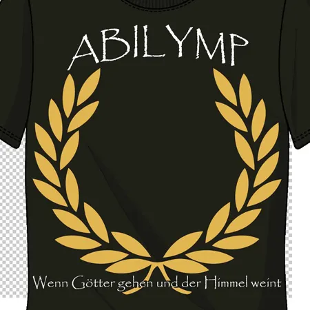 schwarzes_tshirt_mit_aufdruck_und_lorbeerkranz Abilymp wenn götter gehen und der himmel weint design