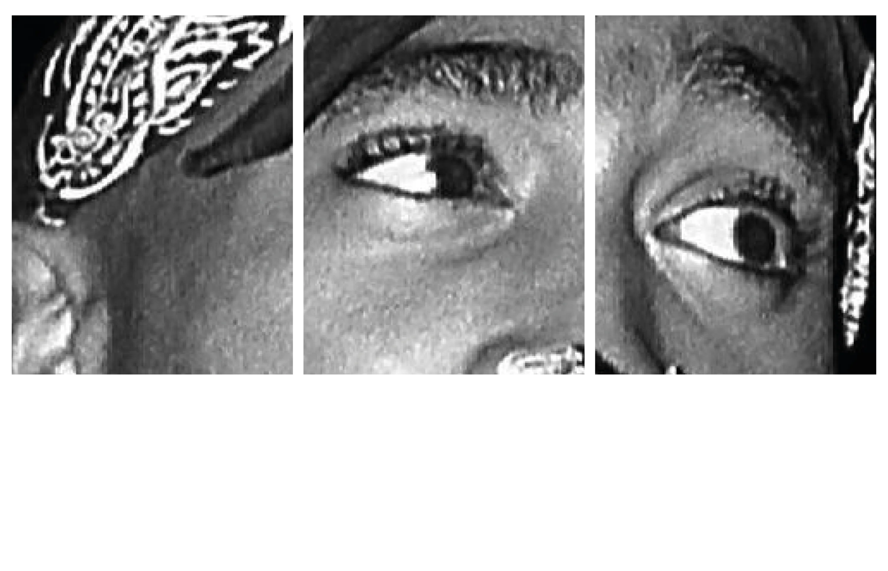 Dreiteiliges schwarz weiss Portraet einer Person mit bedrucktem Kopftuch und beiden Augen oben und darunter in grossen Buchstaben AK202X