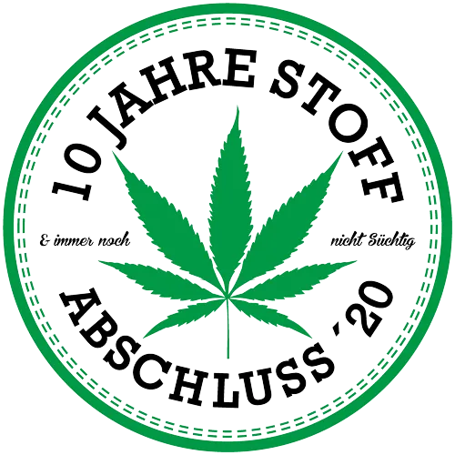 Grünes Cannabisblatt in einem weißen Kreis mit Text "10 Jahre Stoff Abschluss '20" in Schwarz.