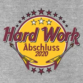 Grafik mit gelbem Kreis, zwei Gitarren, Text "Hard Work Abschluss 2018" und Sternen.