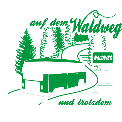 Illustration eines grünen VW-Busses neben einem "Waldweg"-Schild und Text "13 Jahre auf dem Waldweg und trotzdem Abitur"