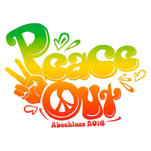Buntes Grafikdesign mit 'Peace Out', Handzeichen und 'Abschluss 2016' Text.
