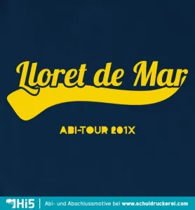 Text "Lloret de Mar ABI-TOUR 201X" in geschwungener Schrift auf schwarzem Hintergrund.