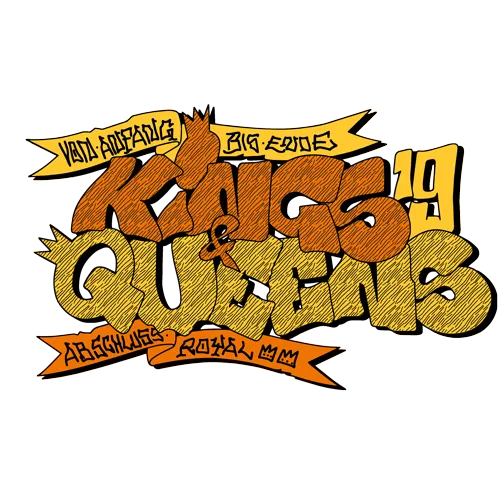 Grafik auf grauem Stoff mit "Kings & Queens 19" Text im Comic-Stil, umgeben von anderen Textelementen.