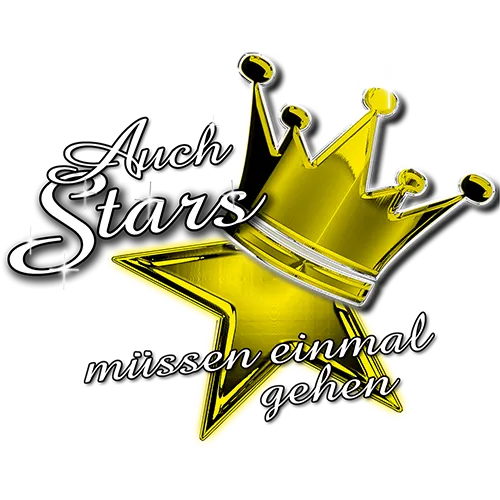 Gelber Stern mit einer goldenen Krone, daneben der Text "Auch Stars muessen einmal gehen" auf grauem Hintergrund.