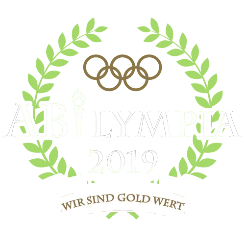 Logo zeigt "Abilympia 2019" umgeben von einem Lorbeerkranz und den Olympischen Ringen, Text "Wir sind Gold wert" unten.