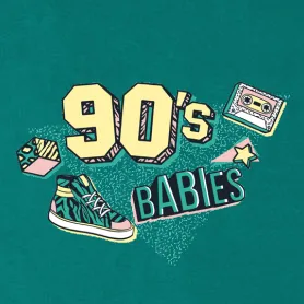 Farbenfrohes Motiv mit Text "90's Babys", Kassette, Sneaker und Stern auf mintgrünem Hintergrund.