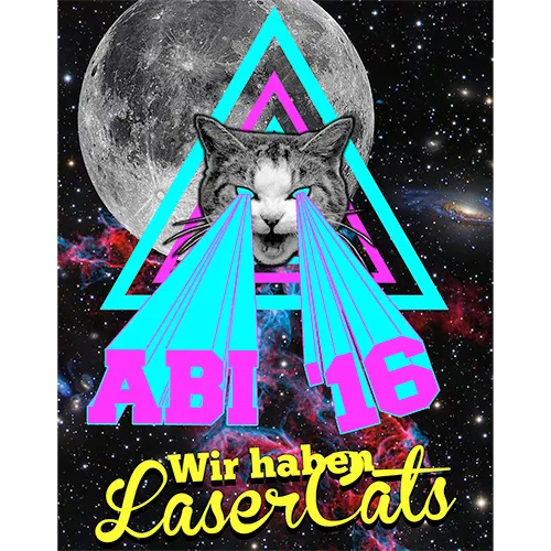 Illustration einer Katze mit Laserstrahlen vor einem Mond und Dreiecken, Text 'ABI 16 Wir haben LaserCats'.