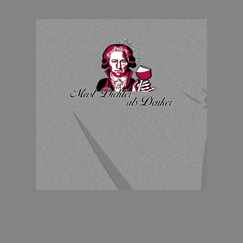 Porträt eines Mannes mit Wein im Stil einer Grafik, Text "Meist Dichter als Denker".