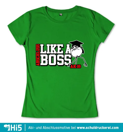 Illustration eines wütenden Cartoon-Charakters in Doktorhut, Text "Abschluss Like a Boss AK16" auf grünem Hintergrund.