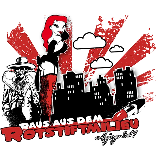 Illustration mit Comicfiguren und Stadtsilhouette auf schwarzem Hintergrund.