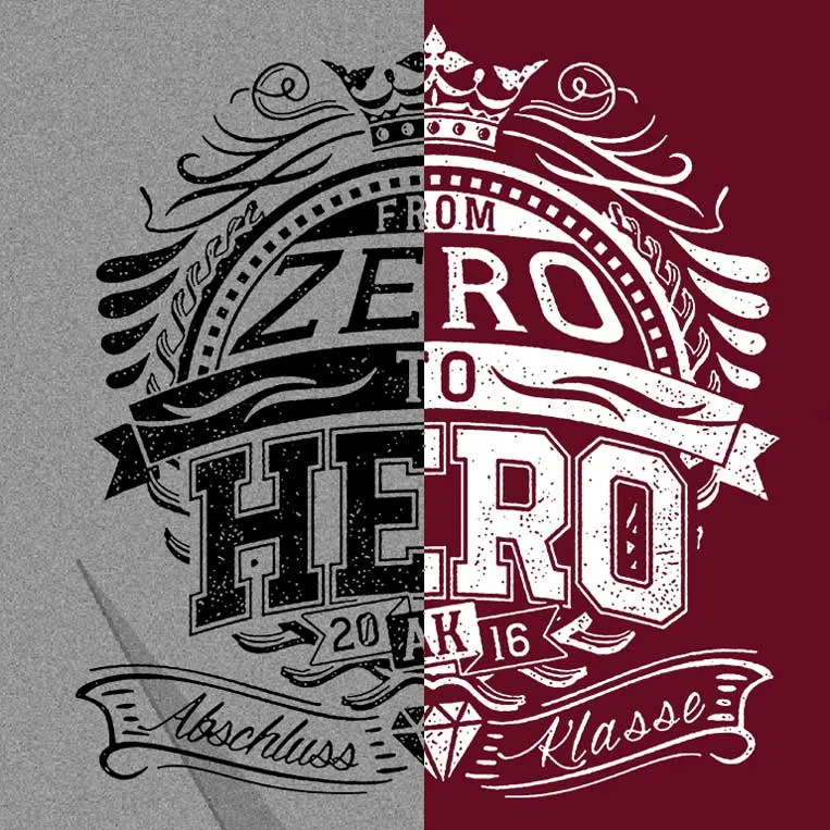 from_zero_to_hero_graduation_design Grafikdesign mit der Inschrift "From Zero to Hero" und dem Jahr 2016, aufgeteilt in Grau und Rot.