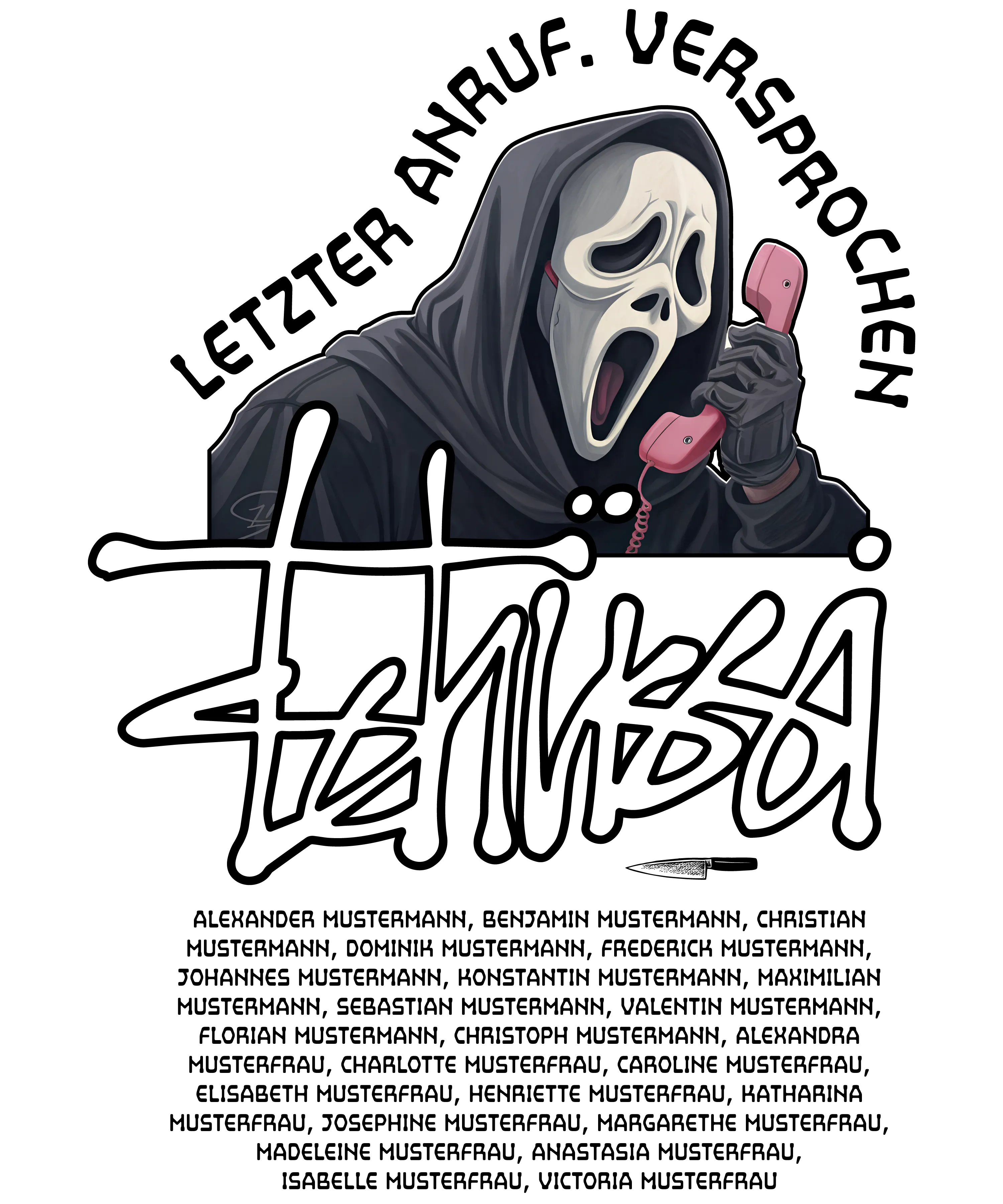 Illustration einer Figur mit Ghostface Maske und schwarzer Kapuze haelt ein rosa Telefon darunter weisse grafische Schrift und kleines Messer