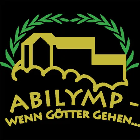 Schwarzer Hintergrund mit goldenem Logo, das antike Säulen und Lorbeerkranz zeigt und den Text 'ABILYMP - WENN GÖTTER GEHEN...'.