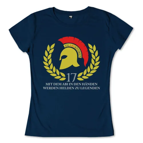 Dunkelblaues Design mit goldener Lorbeerkranz, rotem Band, Gladiatorenhelm und "17". Text: "Mit dem Abi in den Händen werden Helden zu Legenden".
