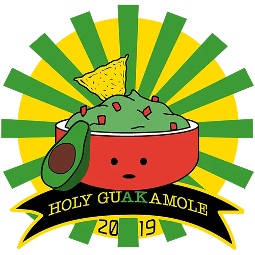 Comic-artige Schale mit Gesicht, gefüllt mit Guacamole und Avocado, vor gelb-grünem Strahlenhintergrund.