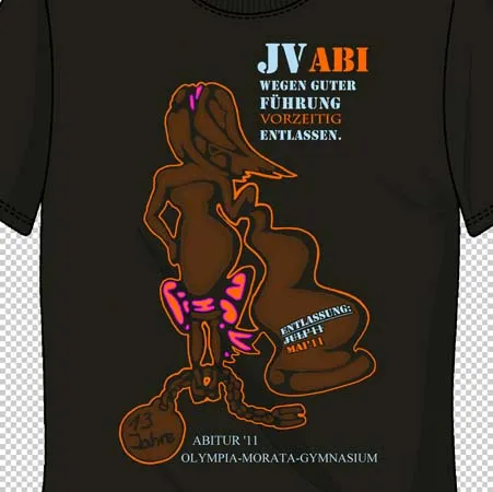 Schwarzes T-Shirt mit einer cartoonhaften Figur und Texten zur Abitur Feier.